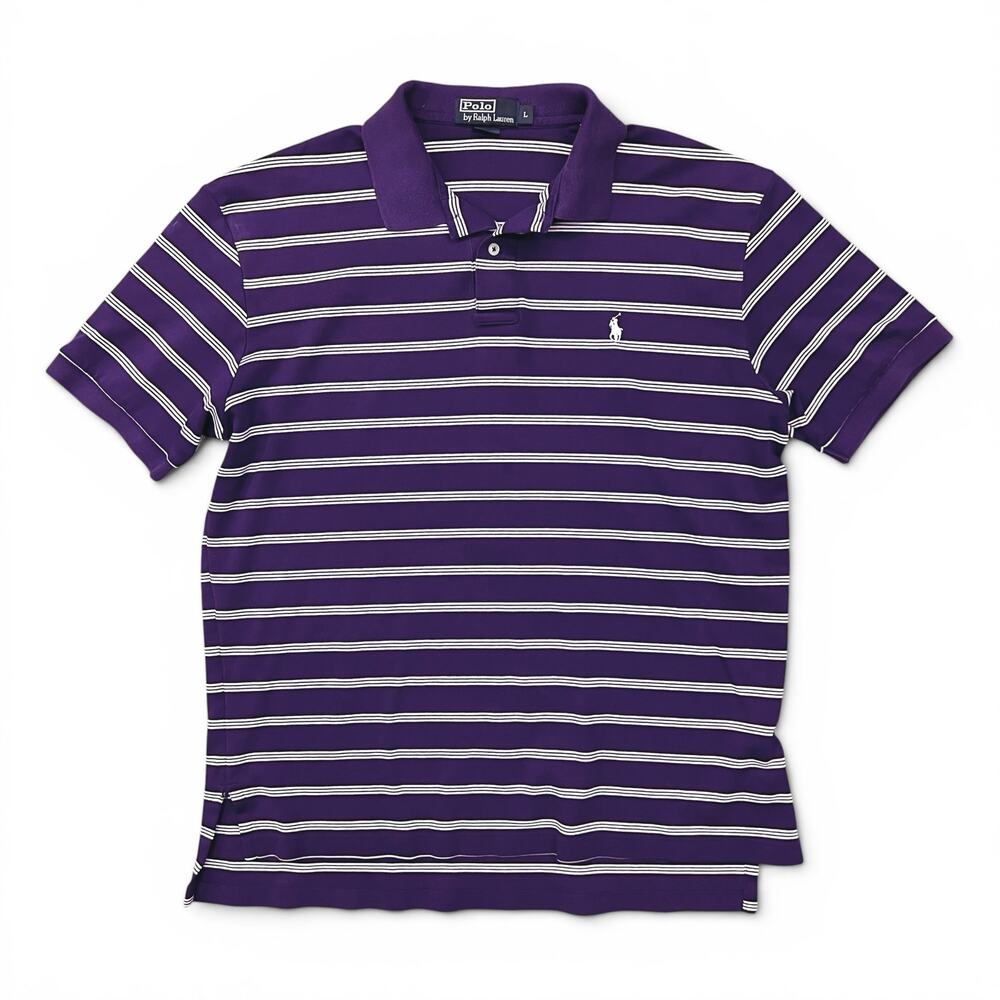 Vintage Polo Ralph Lauren Short Sleeve Shirt Purple White Striped Pony Rugby L